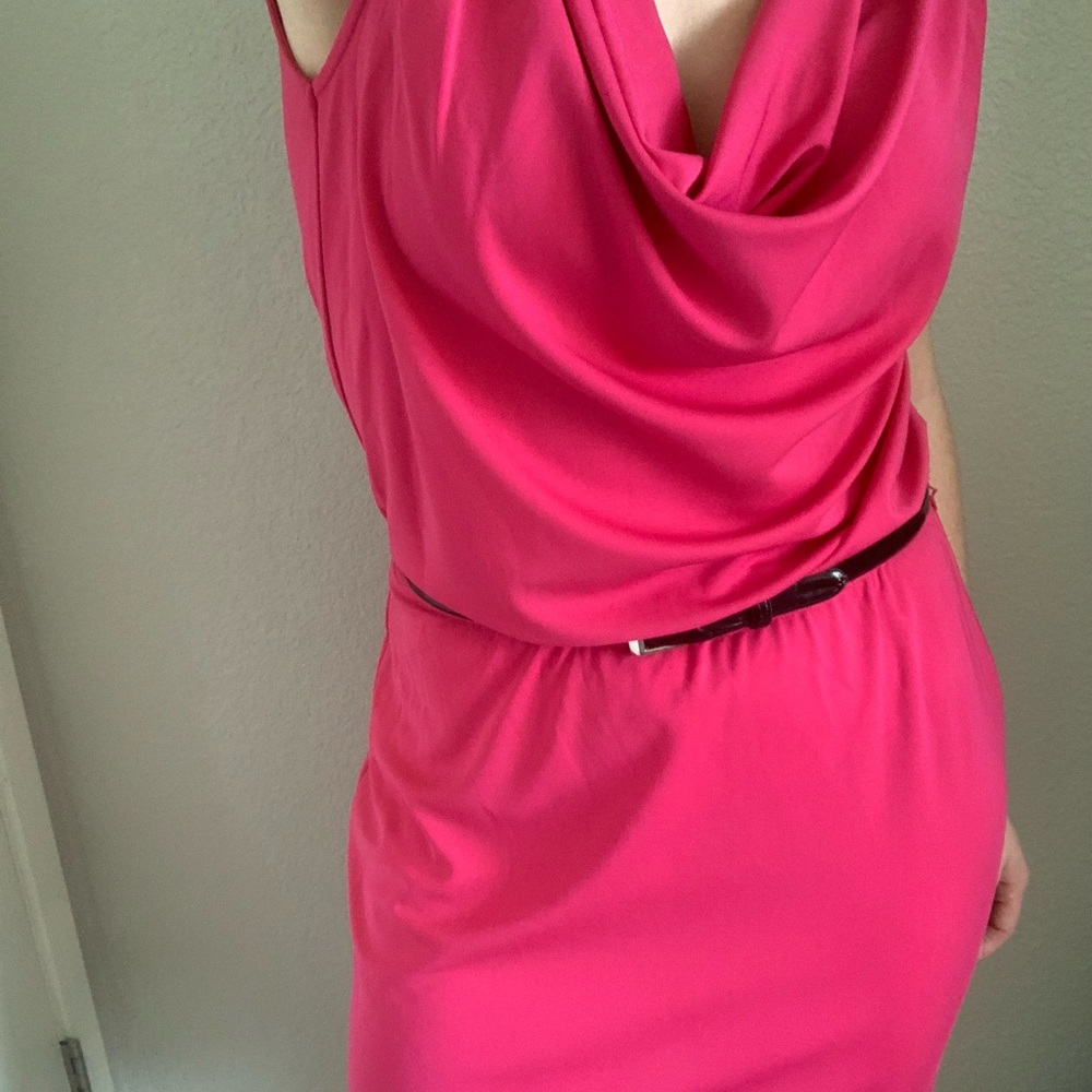 Josie Natori Elegant Cowl Neck Knee-Length Sleeveless Dress Pink - Picture 3 of 15